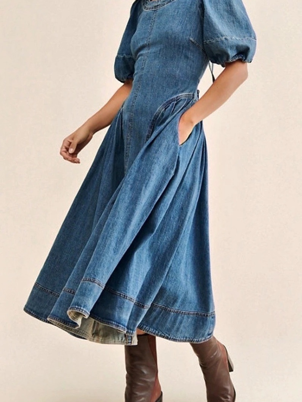Pilcro Puff-Sleeve Seamed Denim Midi Dress